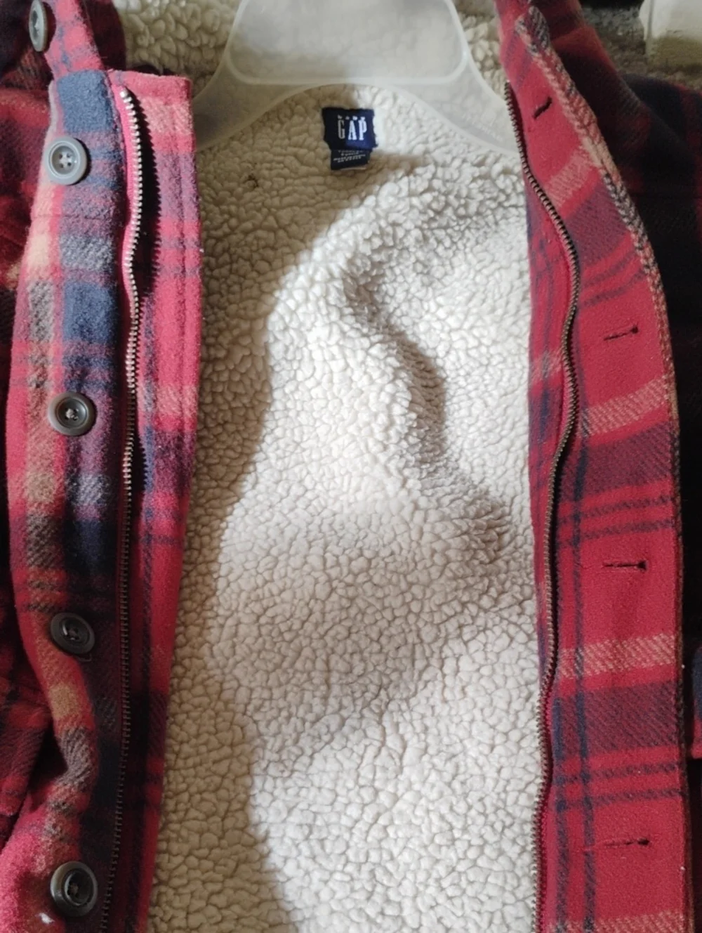 GAP Red and Black Plaid Hooded Pea Coat Heavy With Sheepskin Look Lining Sz 5T